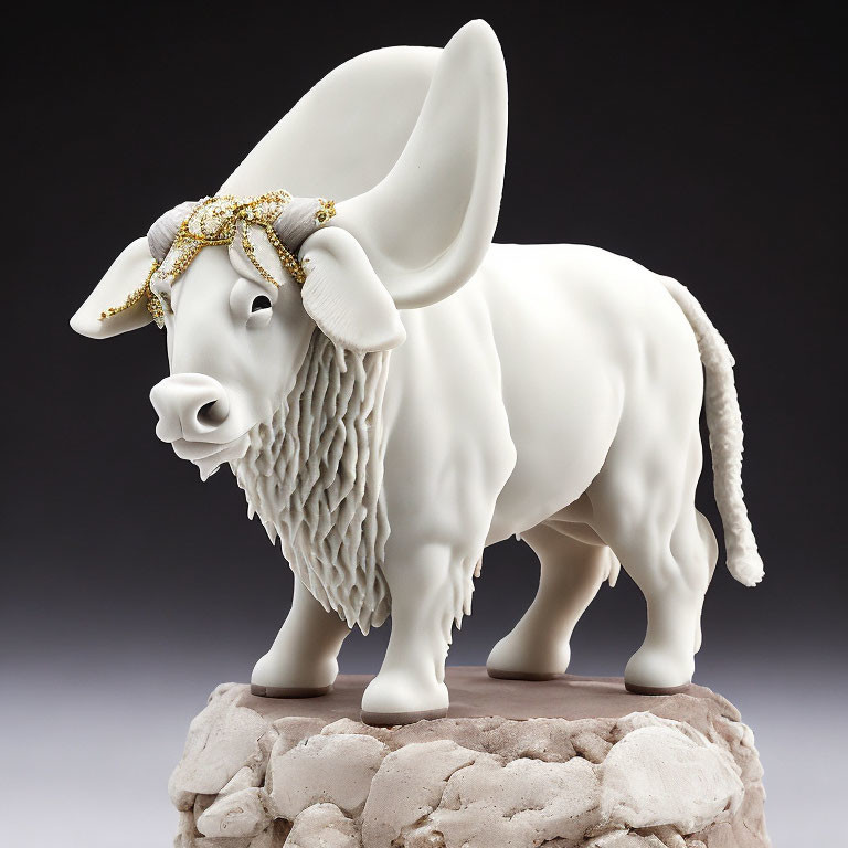 Porcelain figurine of majestic white bull with gold and jewel headgear