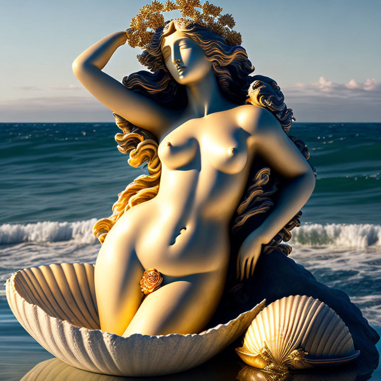 Modern Birth of Venus Artwork Featuring Iconic Figure on Seashell