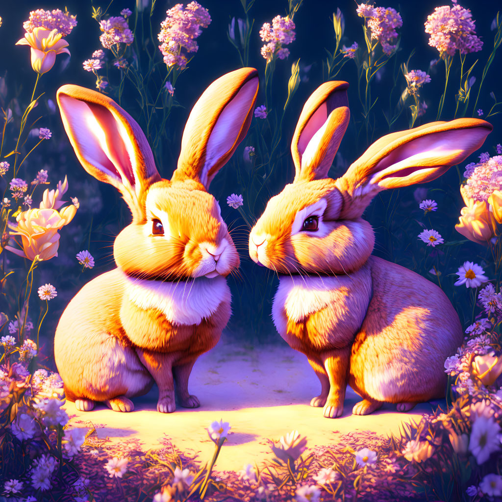 Stylized anthropomorphic rabbits with vibrant flowers under purple light