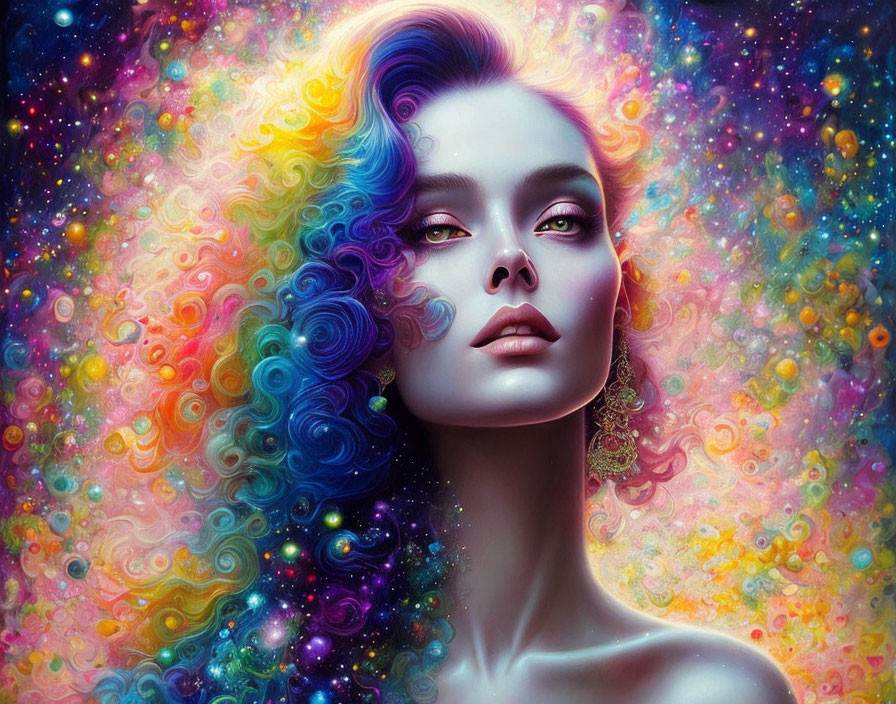 Multicolored cosmic hair portrait in vibrant galaxy background