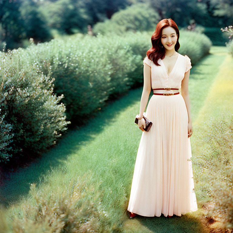Woman in Pink Dress Standing on Grass Path with Purse