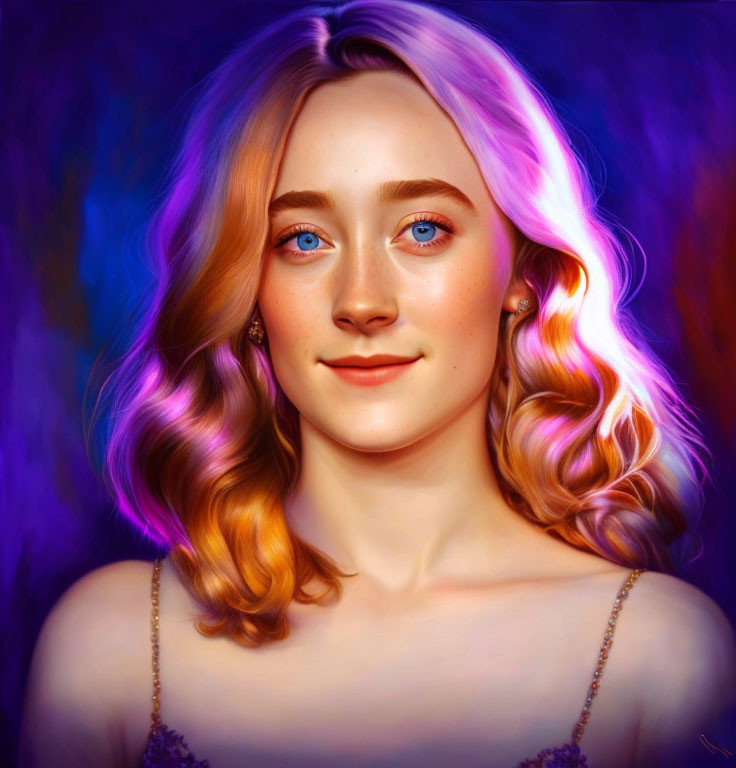 Portrait of young woman with blue eyes and wavy hair in blonde to purple transition under vibrant lighting