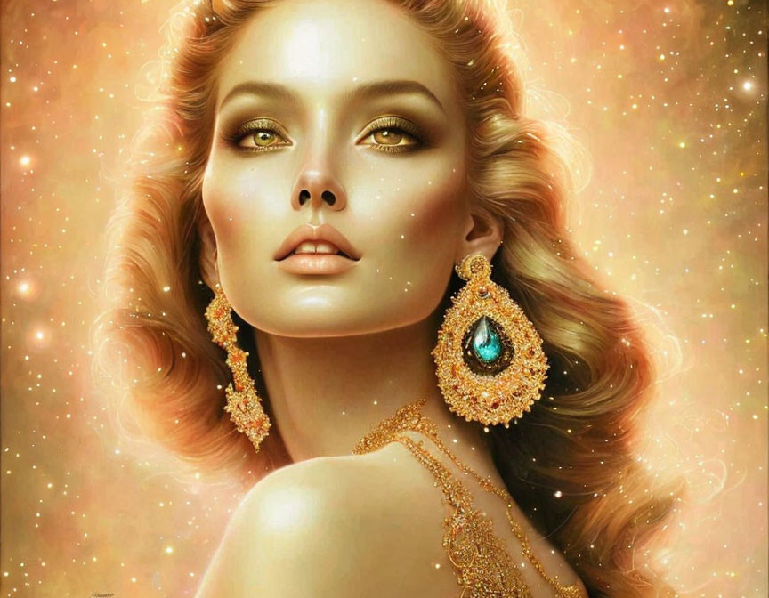 Digital art portrait of woman with glowing skin and golden jewelry against starry background.