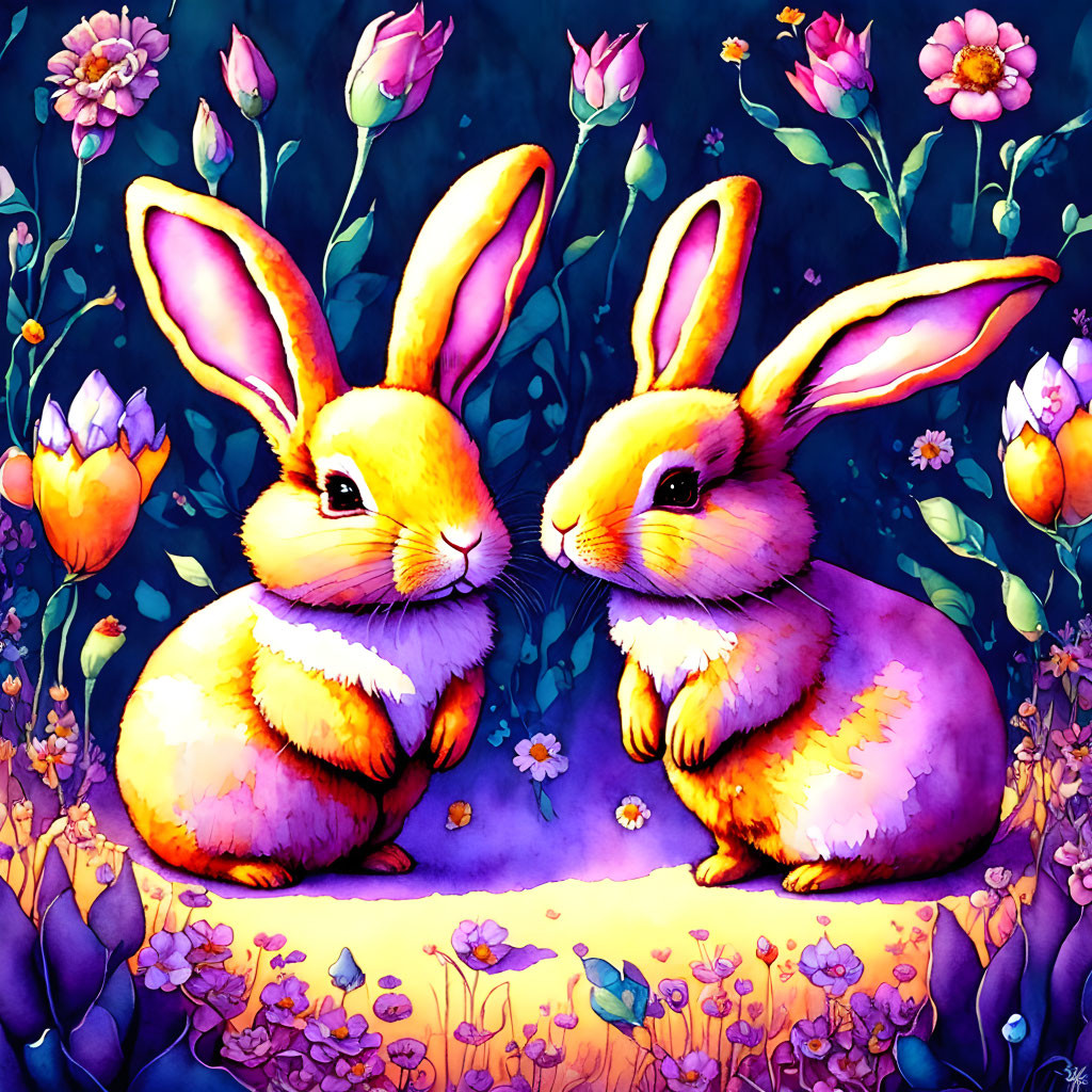 Vibrant yellow rabbits with colorful flowers on whimsical blue background