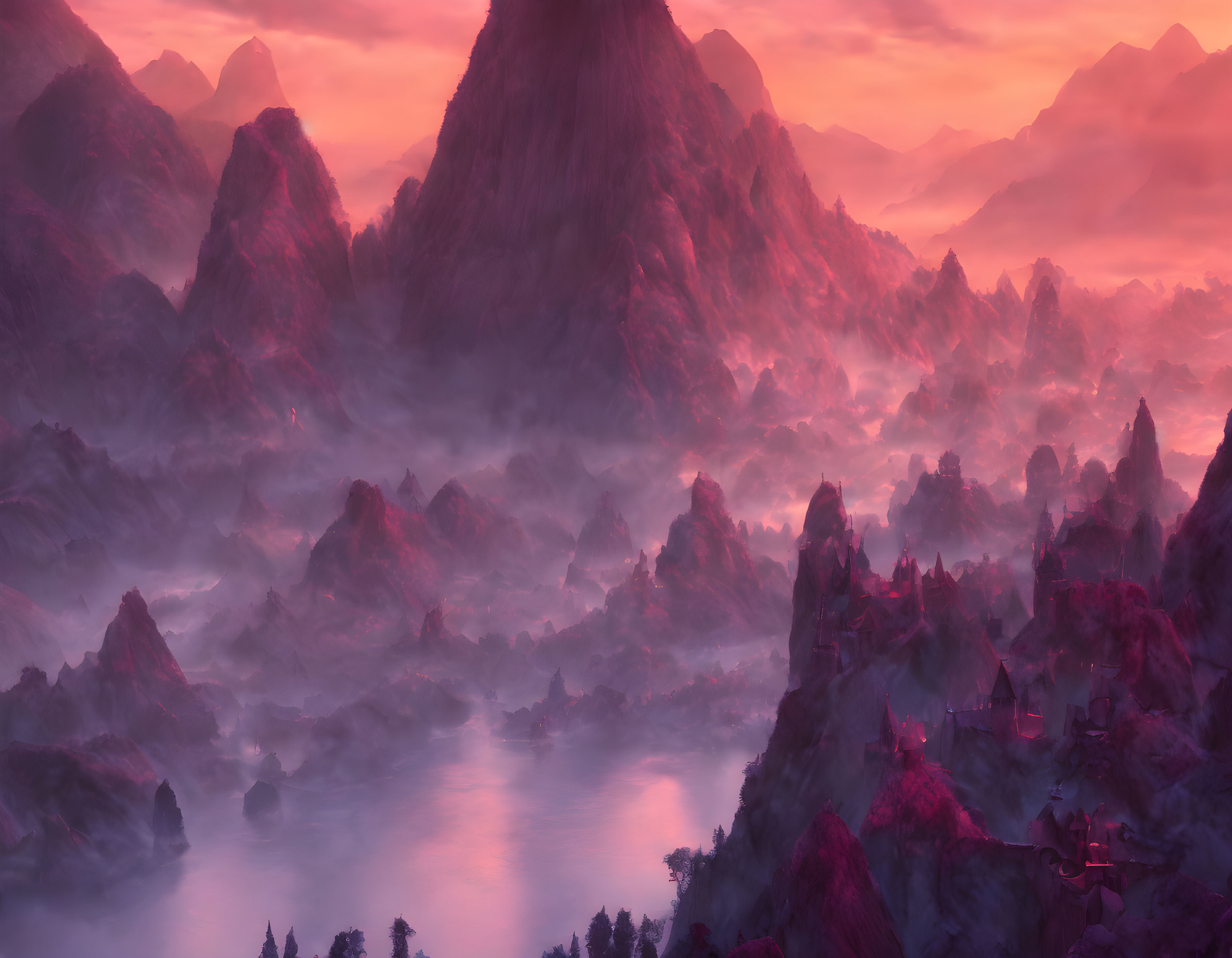 Mystical landscape with river in pink and purple twilight