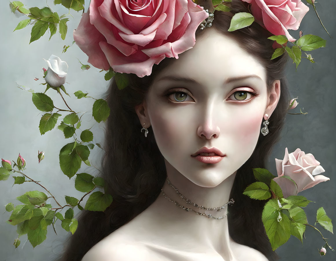 Illustration of woman with green eyes and dark hair adorned with pink roses on gray backdrop