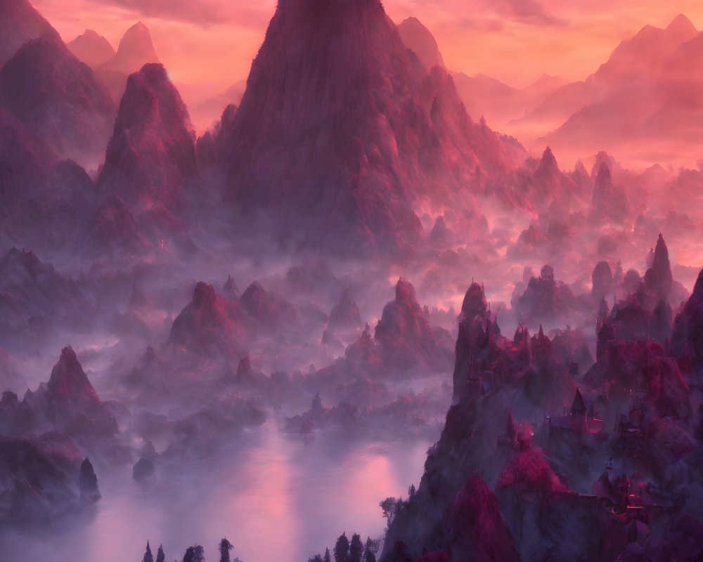 Mystical landscape with river in pink and purple twilight