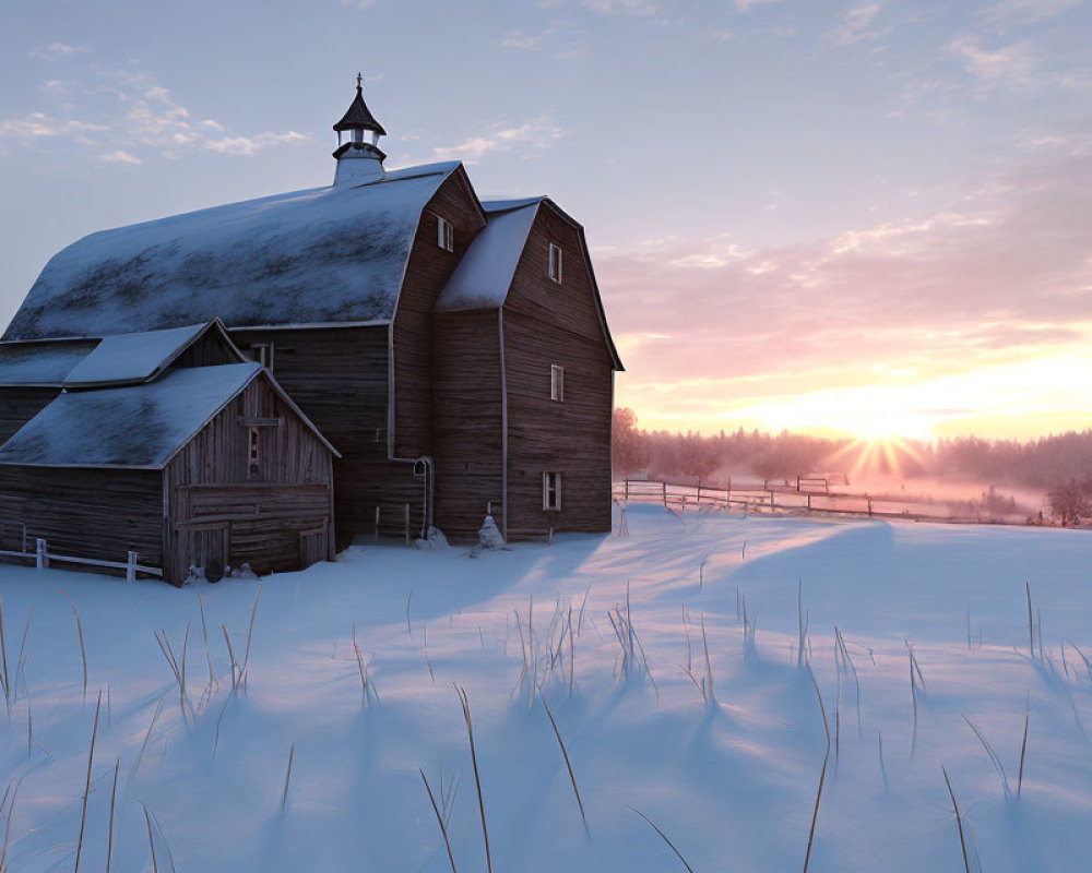 Snow-covered barn at sunrise with golden light on tranquil wintry landscape