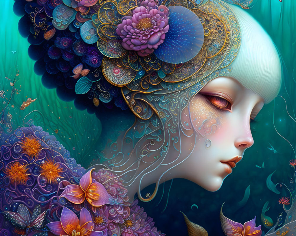 Surreal illustration of woman with floral headgear in aquatic setting