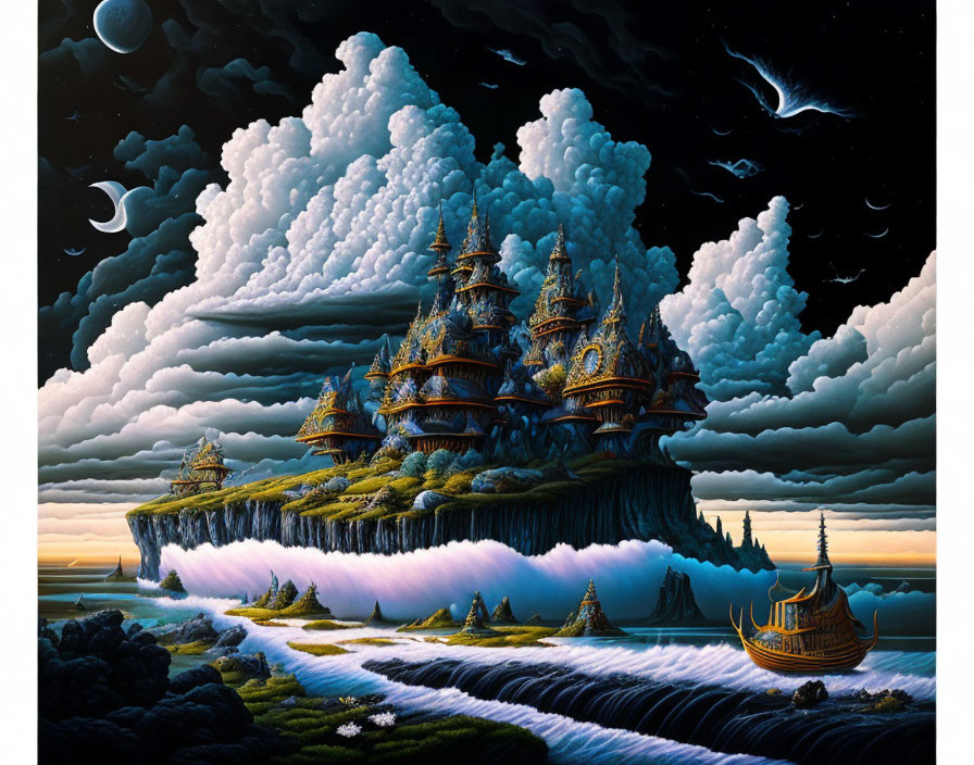 Floating Island with Traditional Architecture, Waterfalls, Sailing Ship, and Multiple Moons in Starry