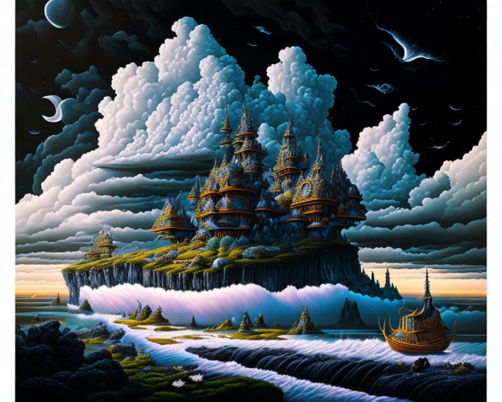 Floating Island with Traditional Architecture, Waterfalls, Sailing Ship, and Multiple Moons in Starry