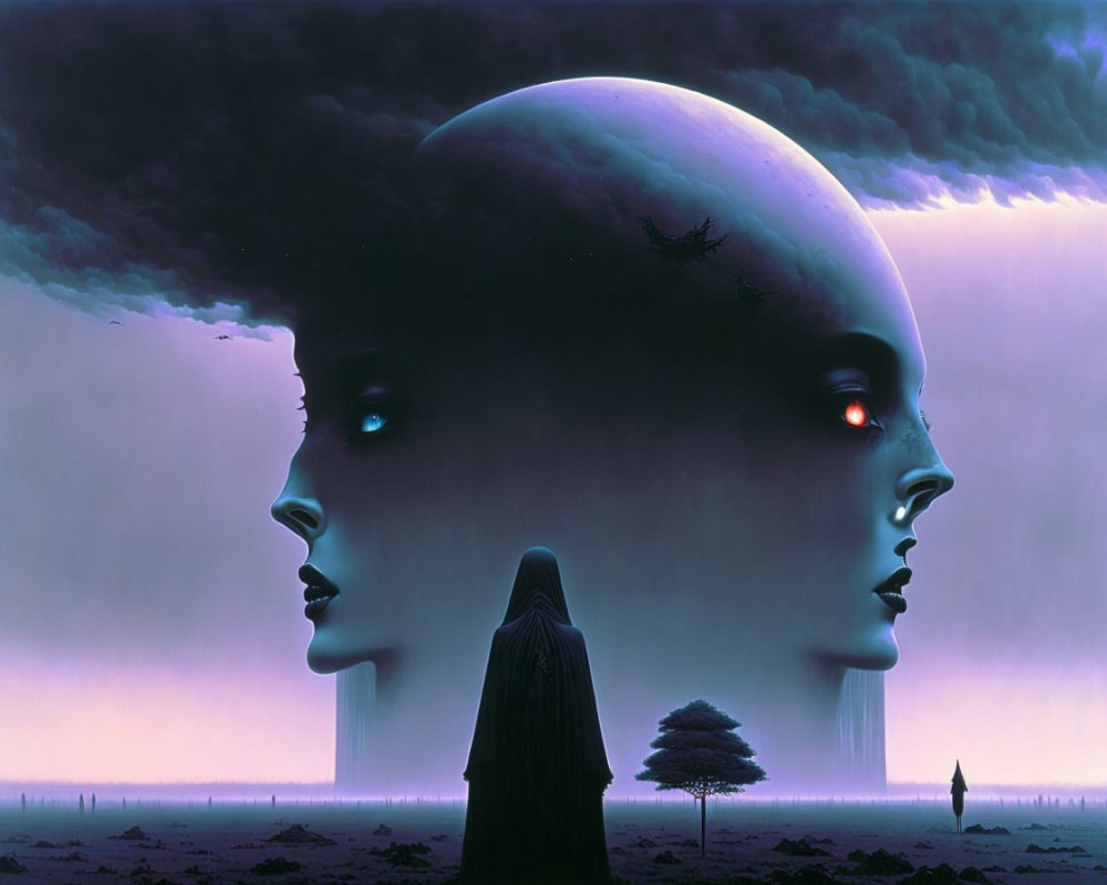 Surreal artwork: colossal bald head, red eyes, cloaked figure, tree, monolith