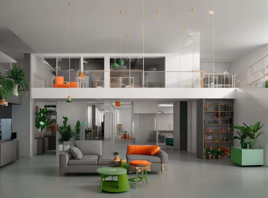 Contemporary two-level loft with grey and orange accents & open-plan design