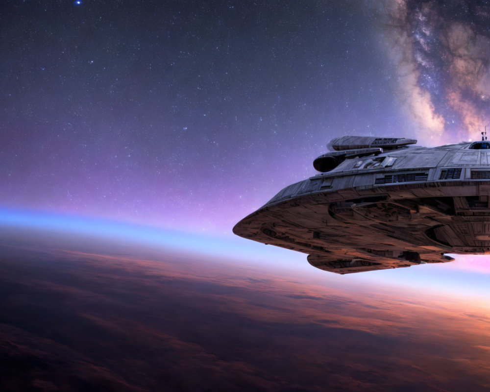 Spaceship resembling Millennium Falcon hovers over planet with galaxy backdrop