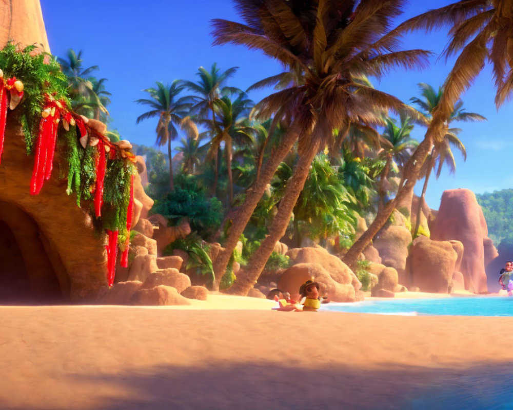 Vibrant tropical beach scene with animated movie characters, palm trees, blue water, and red flowers