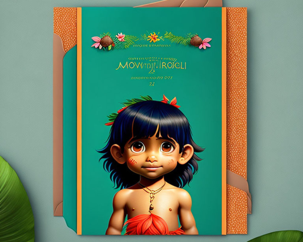 Baby in Indian attire on festive greeting card with floral decorations