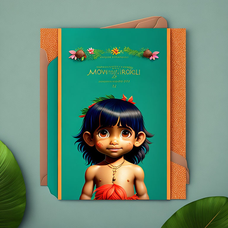 Baby in Indian attire on festive greeting card with floral decorations