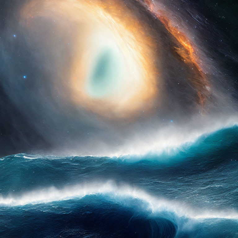 Cosmic event with black hole, accretion disk, and ocean waves