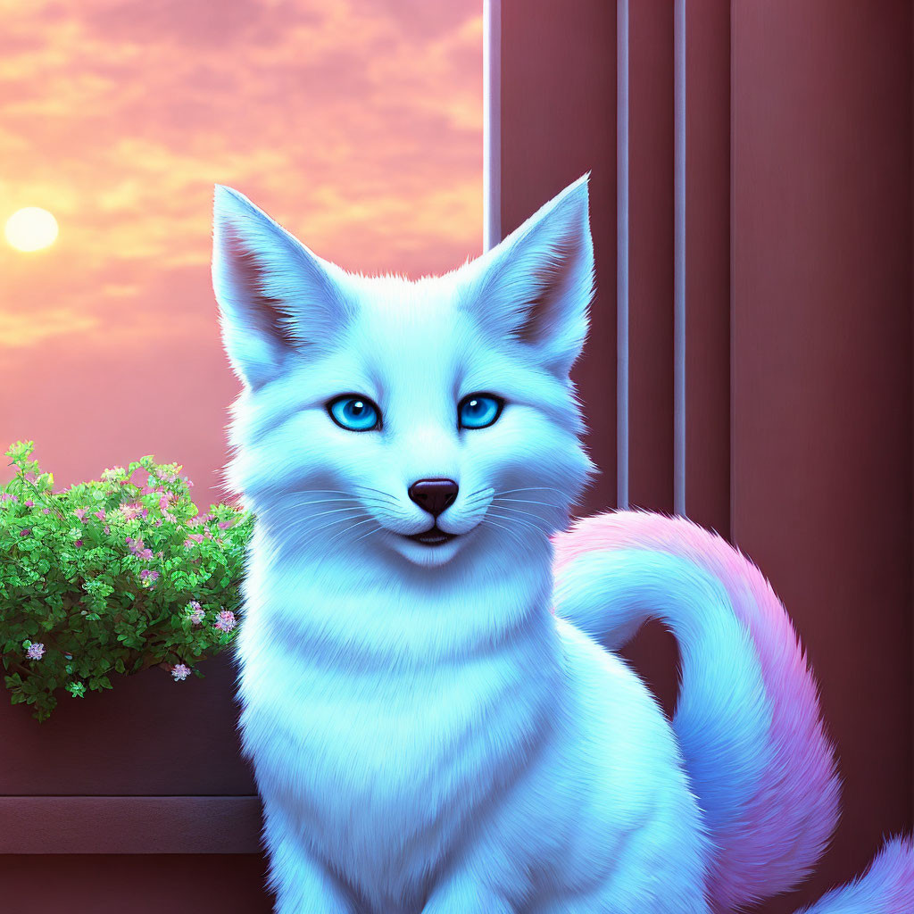 Realistic blue-eyed white feline in sunset backdrop with green shrubbery