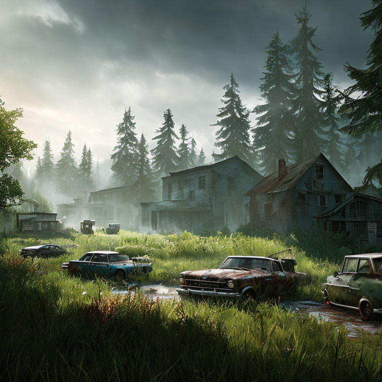 Desolate village with decaying houses and rusty cars in misty forest