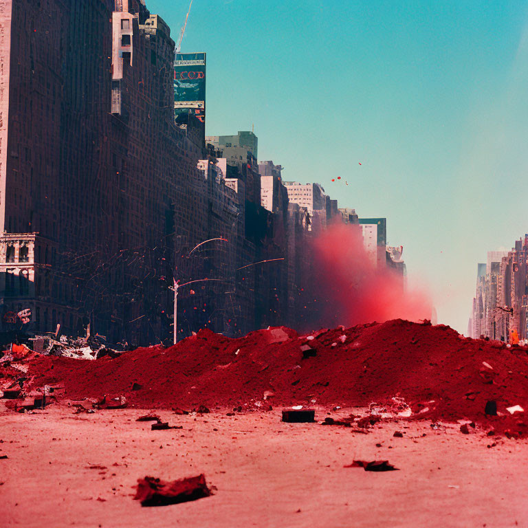 City street post-disaster with debris and damaged buildings under red sky