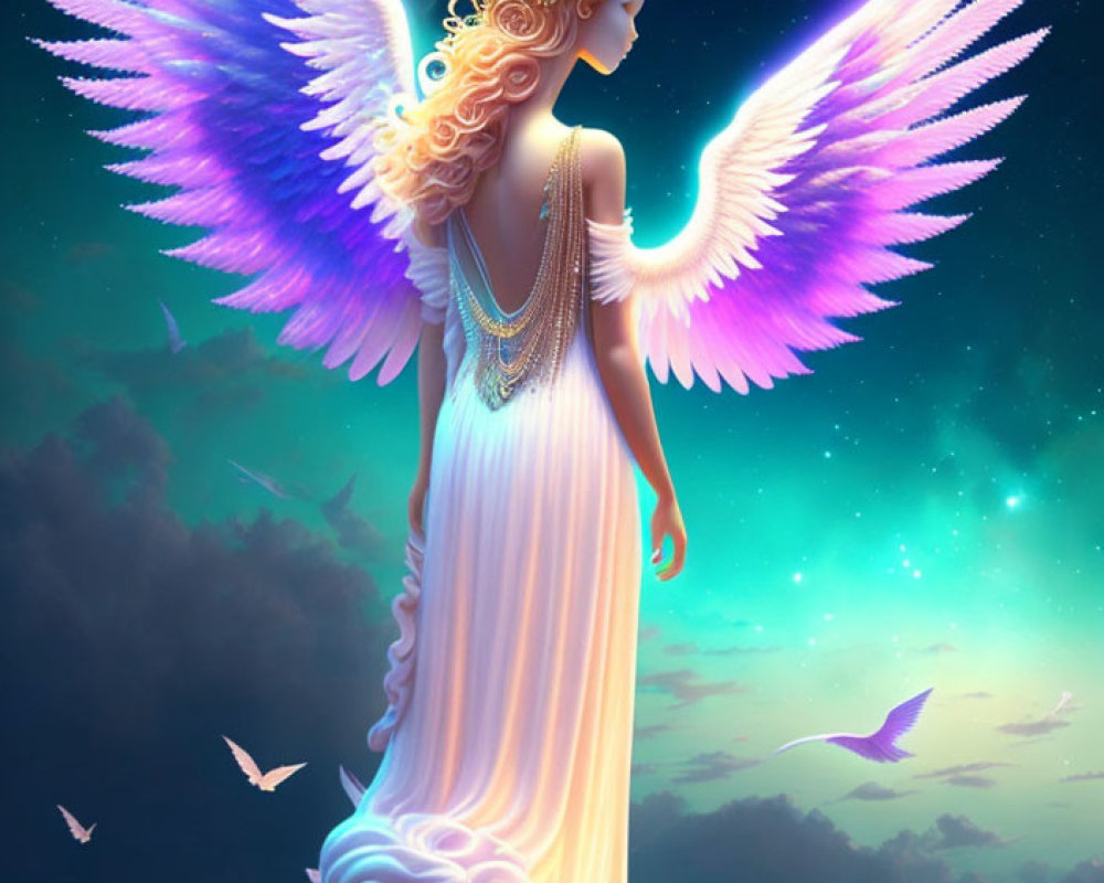 Luminous angel with outstretched wings in starry night scene