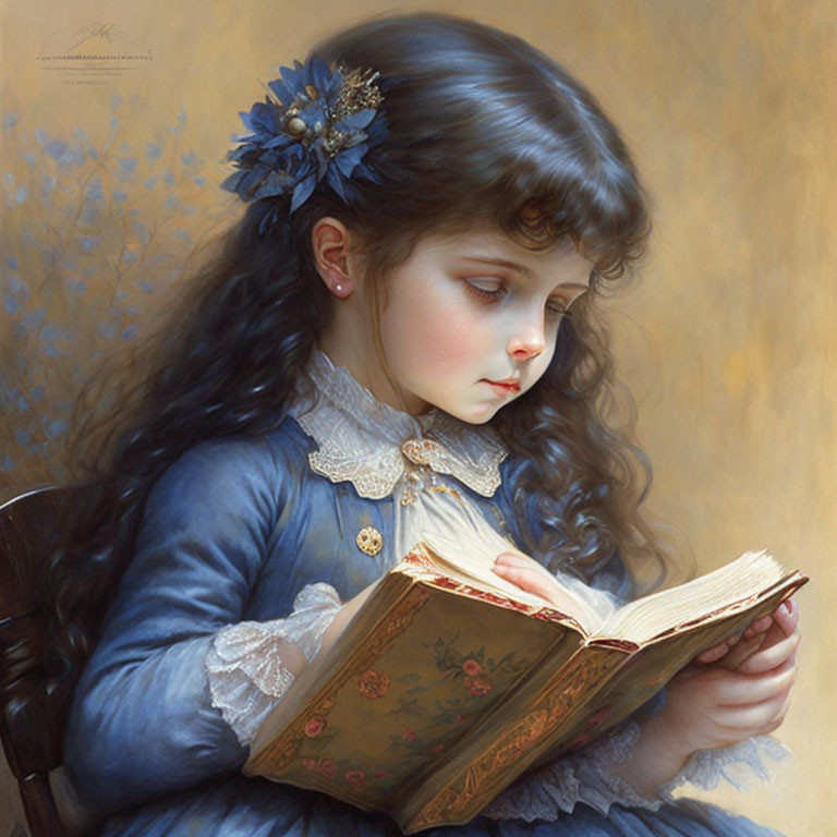 Young girl with long blue hair reading book in vintage outfit