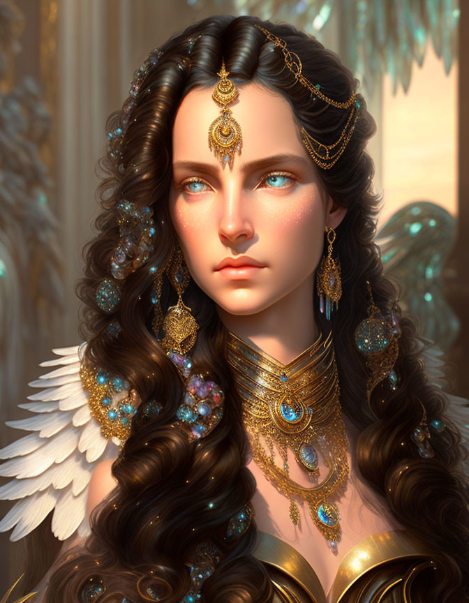 Illustration of woman with angel wings, gold jewelry, and wavy brown hair