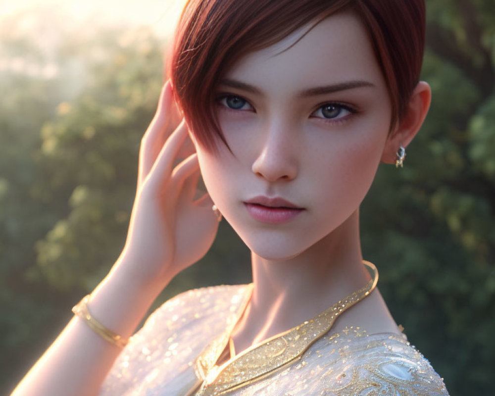 Portrait of woman with short brown hair in white dress with gold embroidery, touching ear in sunlit scene