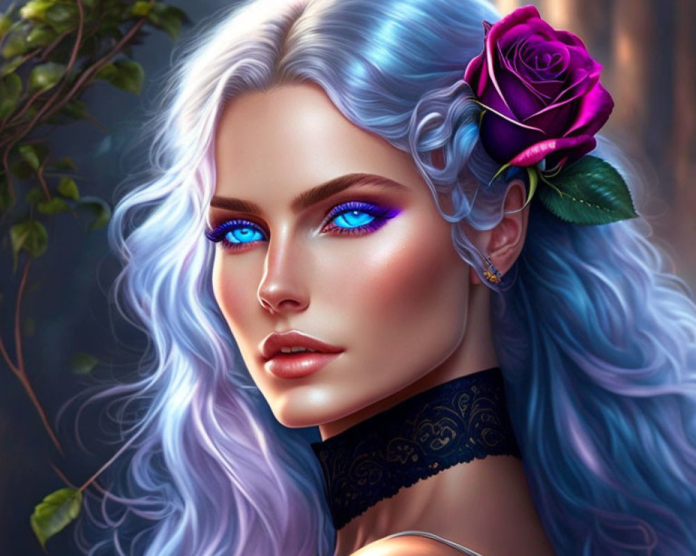 Digital illustration of woman with blue hair and vibrant blue eyes with purple rose behind ear