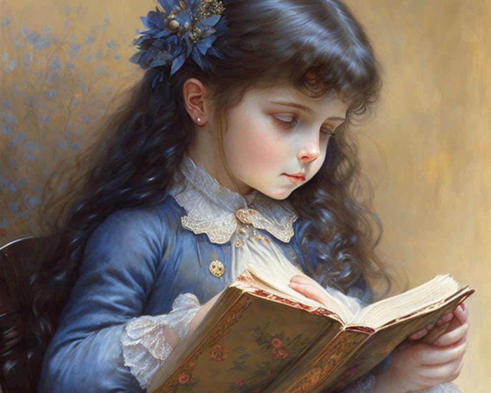 Young girl with long blue hair reading book in vintage outfit
