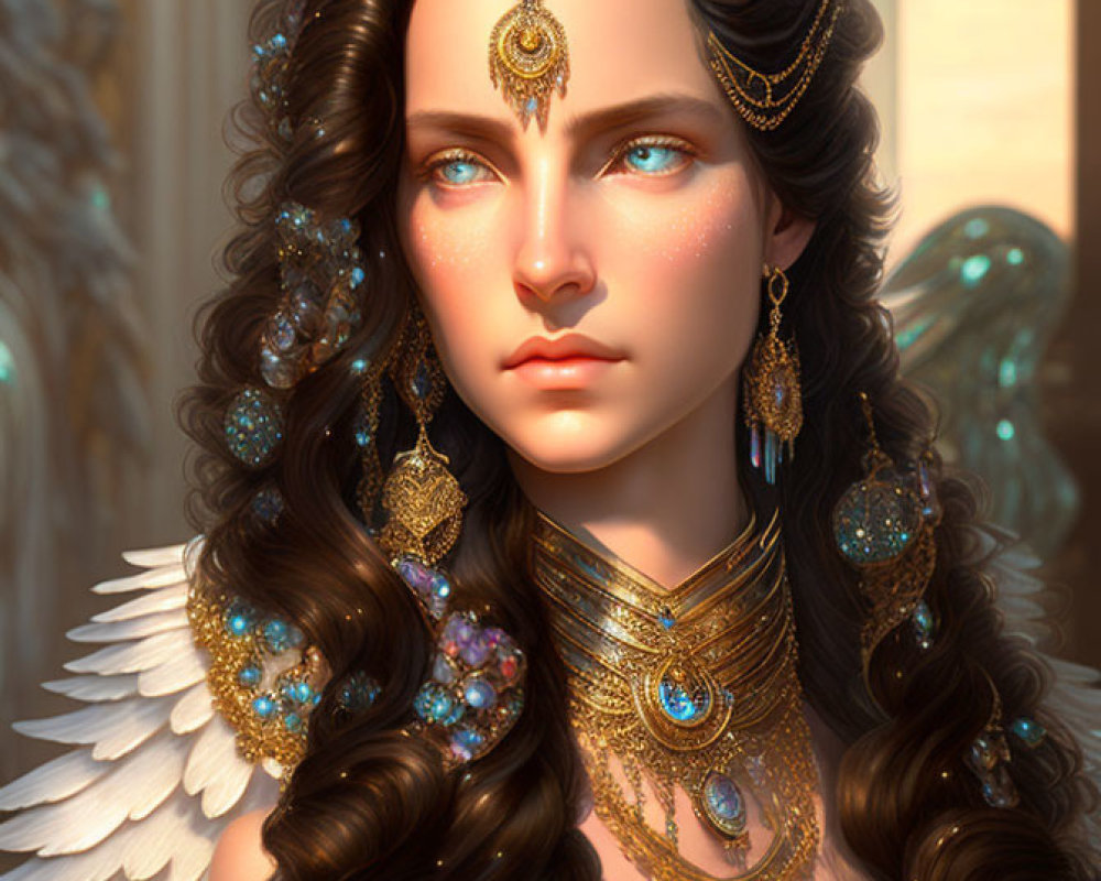 Illustration of woman with angel wings, gold jewelry, and wavy brown hair