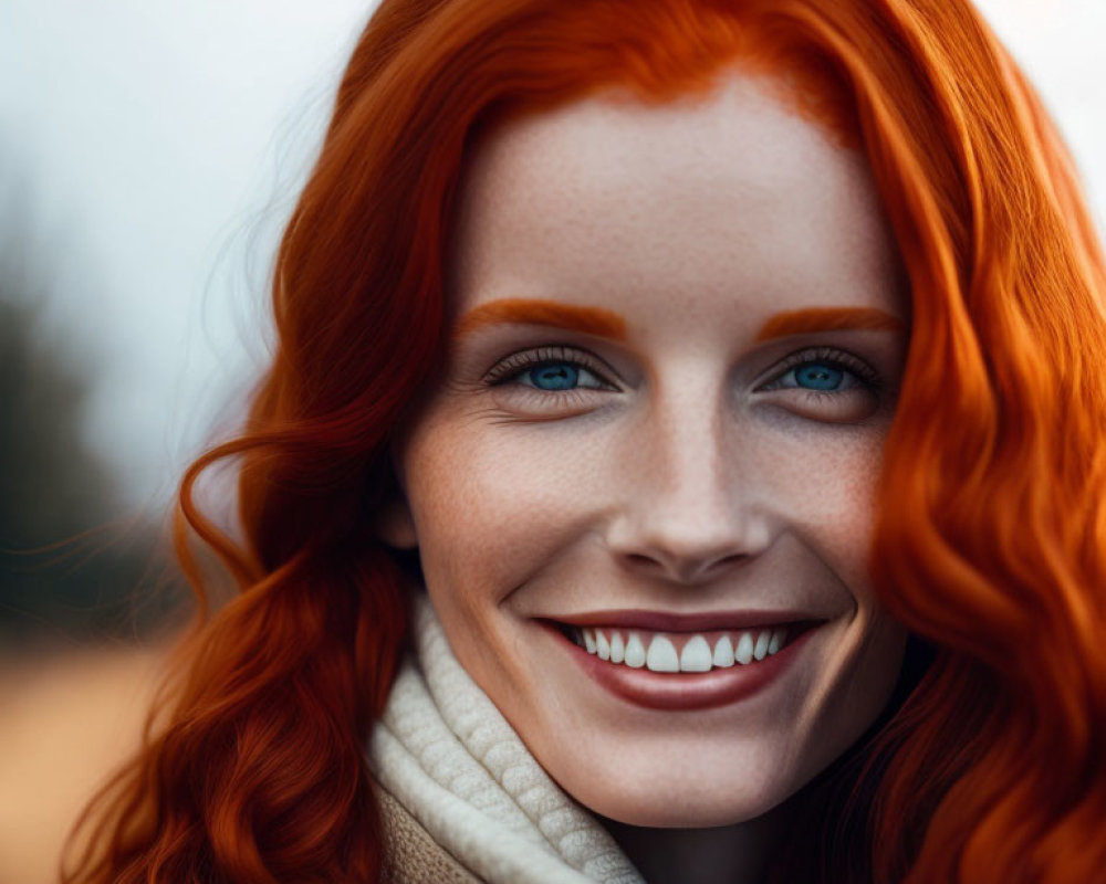 Smiling woman with red hair and blue eyes in cream scarf on blurred background