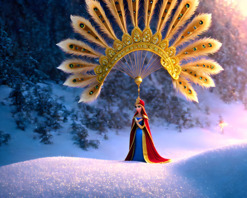 Regal figure in red and gold dress in snowy forest with peacock feather fan