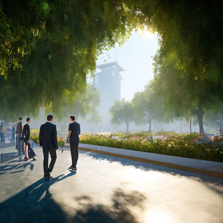 Sunlight filtering through green trees onto people walking in urban park