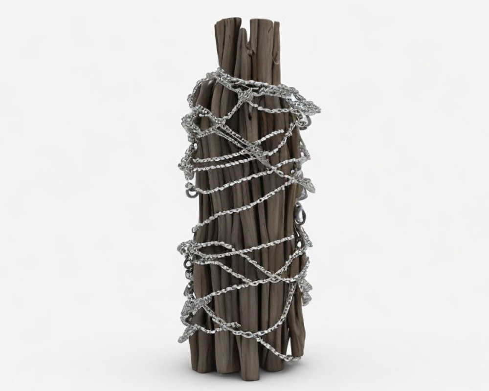 Vertical Wooden Logs Bundled with Loose Chains on White Background