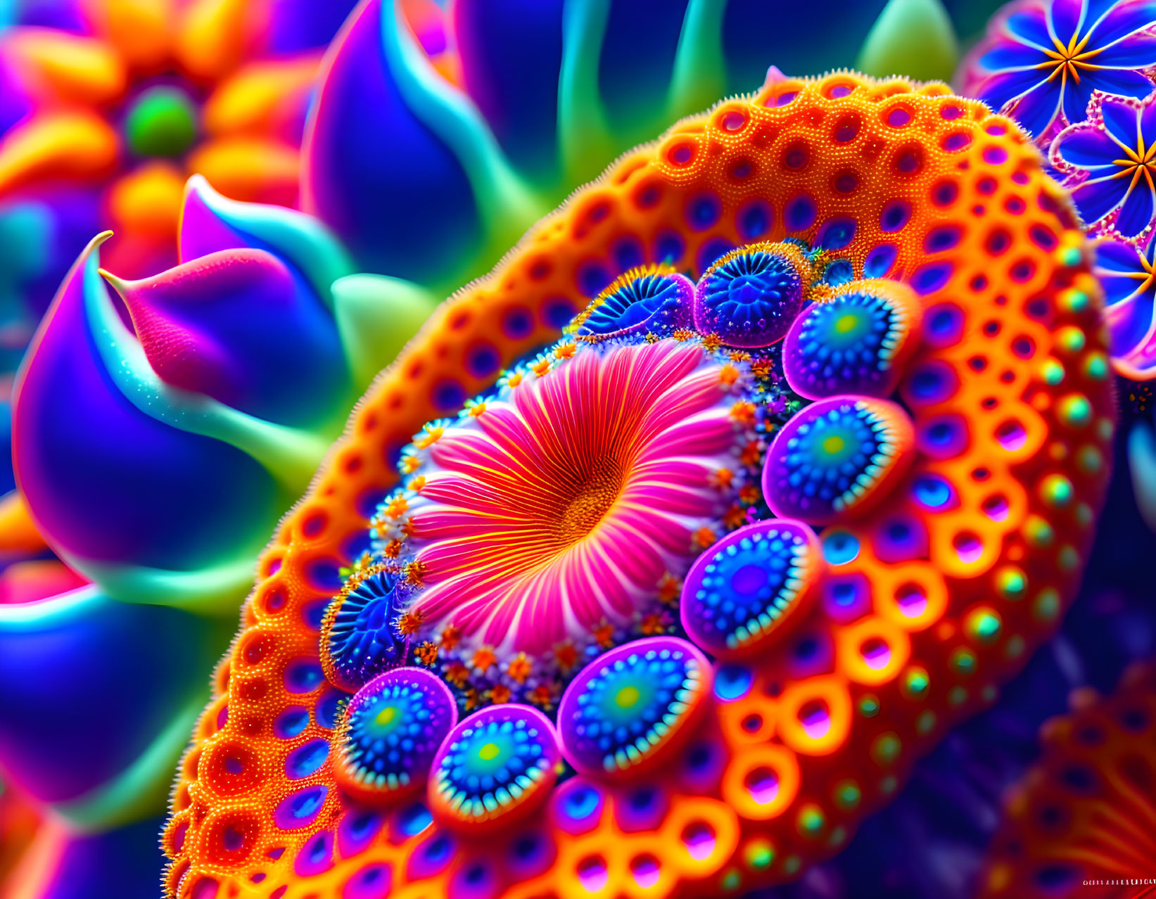 Colorful Psychedelic Digital Art: Vibrant Fractal Patterns of Exotic Marine Life