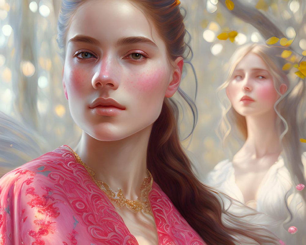 Digital artwork featuring two women in dreamy forest setting