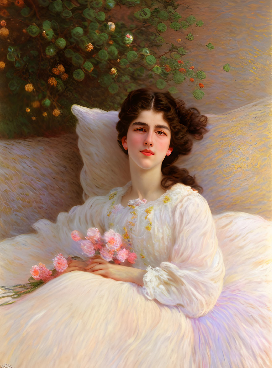 Portrait of Woman in White Dress Holding Pink Flowers on Greenery Background