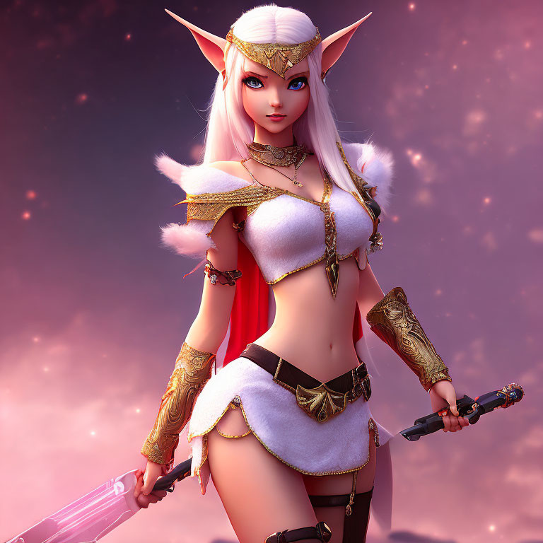 Elf warrior in golden armor with white hair and sword on pink sky.
