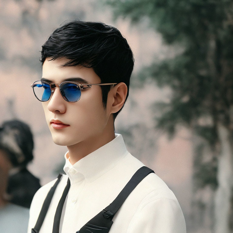 Stylized portrait of young man in blue sunglasses and suspenders