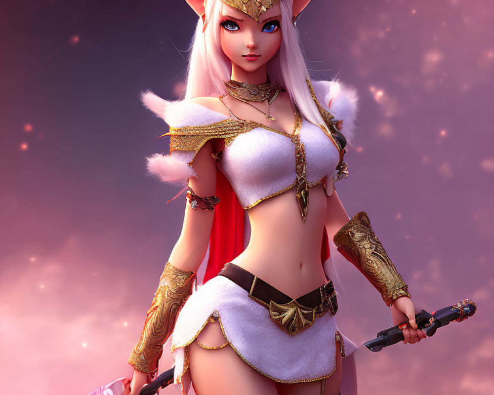 Elf warrior in golden armor with white hair and sword on pink sky.