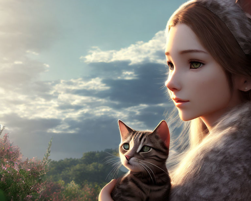Digital artwork of girl with cat ears holding tabby cat in serene sunset scene