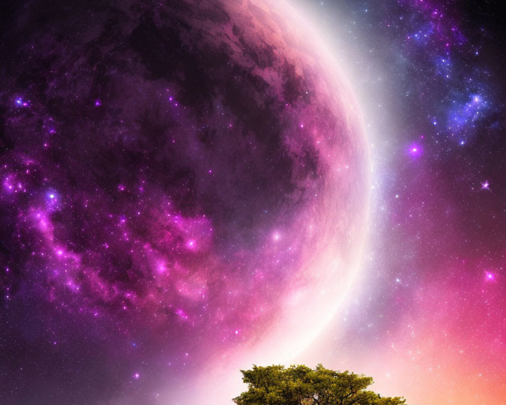 Large purple planet overlooking solitary tree in vibrant cosmic scene
