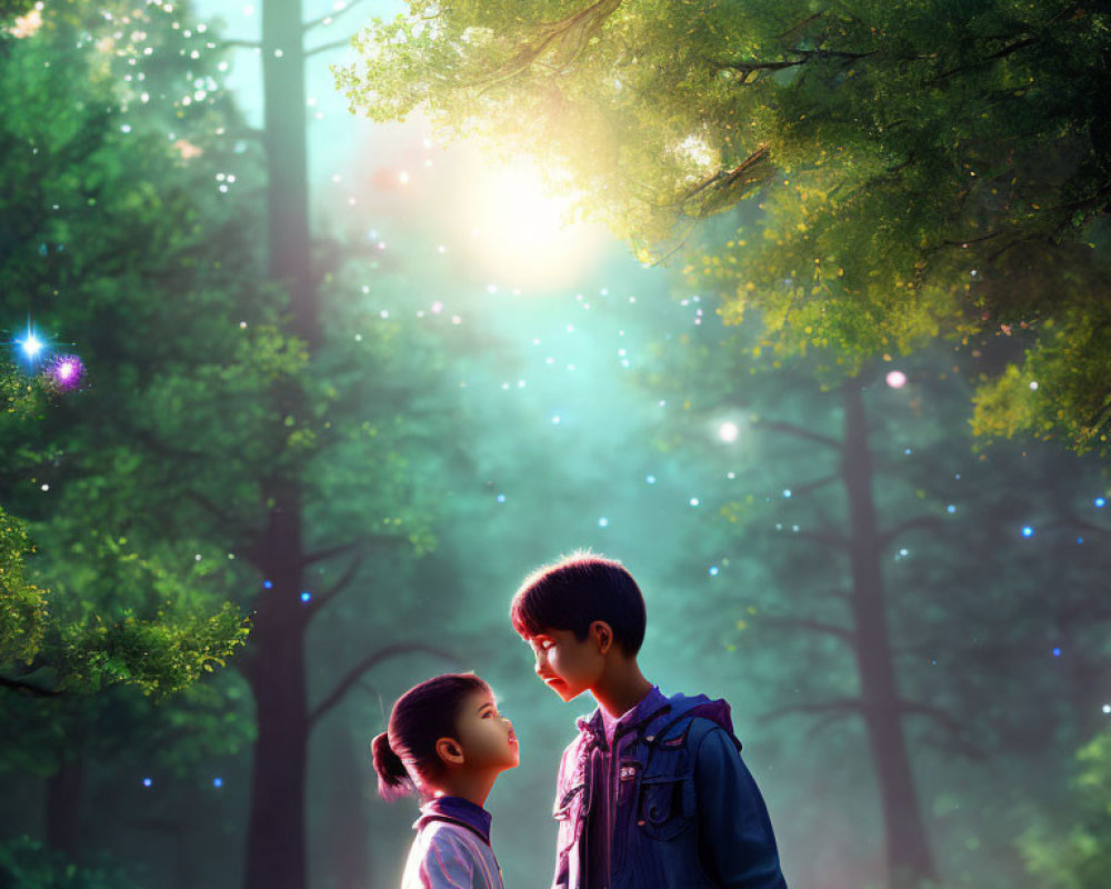 Children standing in magical forest with sunlight and sparkles.