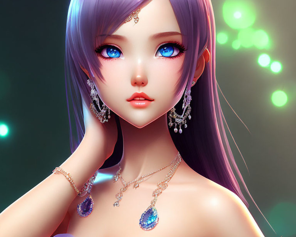 Female illustration: Purple hair, large blue eyes, elegant gemstone jewelry, subtle smile, blurred green
