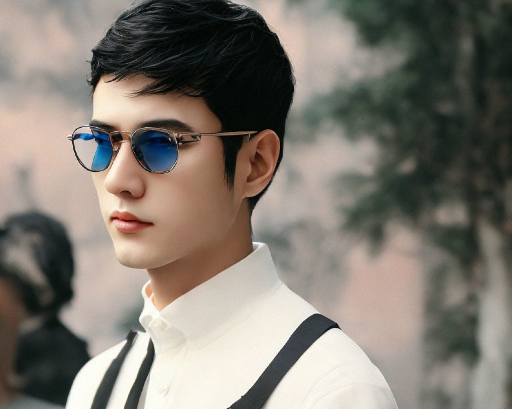Stylized portrait of young man in blue sunglasses and suspenders