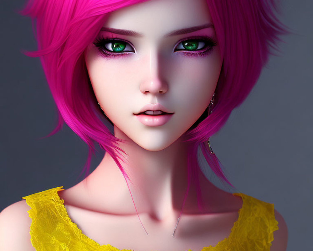 Vivid digital portrait of female with pink hair and purple eyes