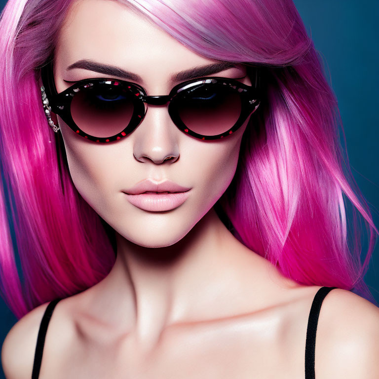 Vibrant pink hair and stylish sunglasses on blue backdrop.