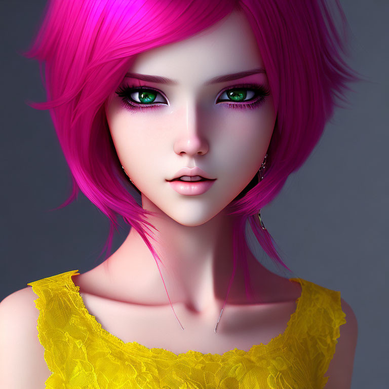 Vivid digital portrait of female with pink hair and purple eyes
